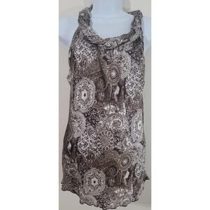 Dressbarn Brown White Floral Print Rolled Collar Sleeveless Shirt Medium Flowy